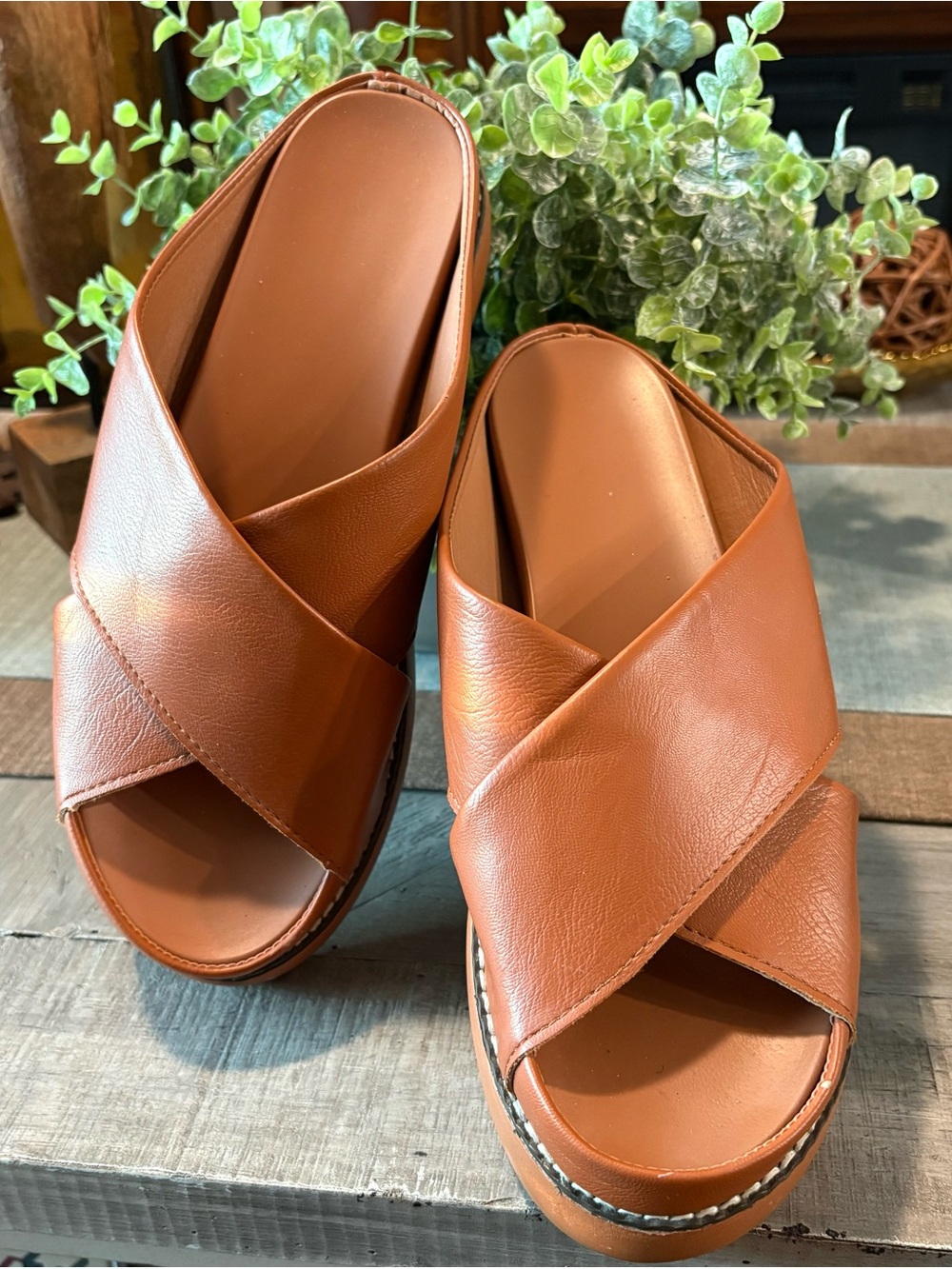 Women's Tan Platform Slide Sandals with Crossover Straps